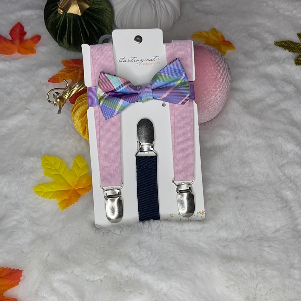 STARTING OUT ACCESSORIES BOW TIE W/ SUSPENDERS SET PINK SUSPENDERS PLAID…